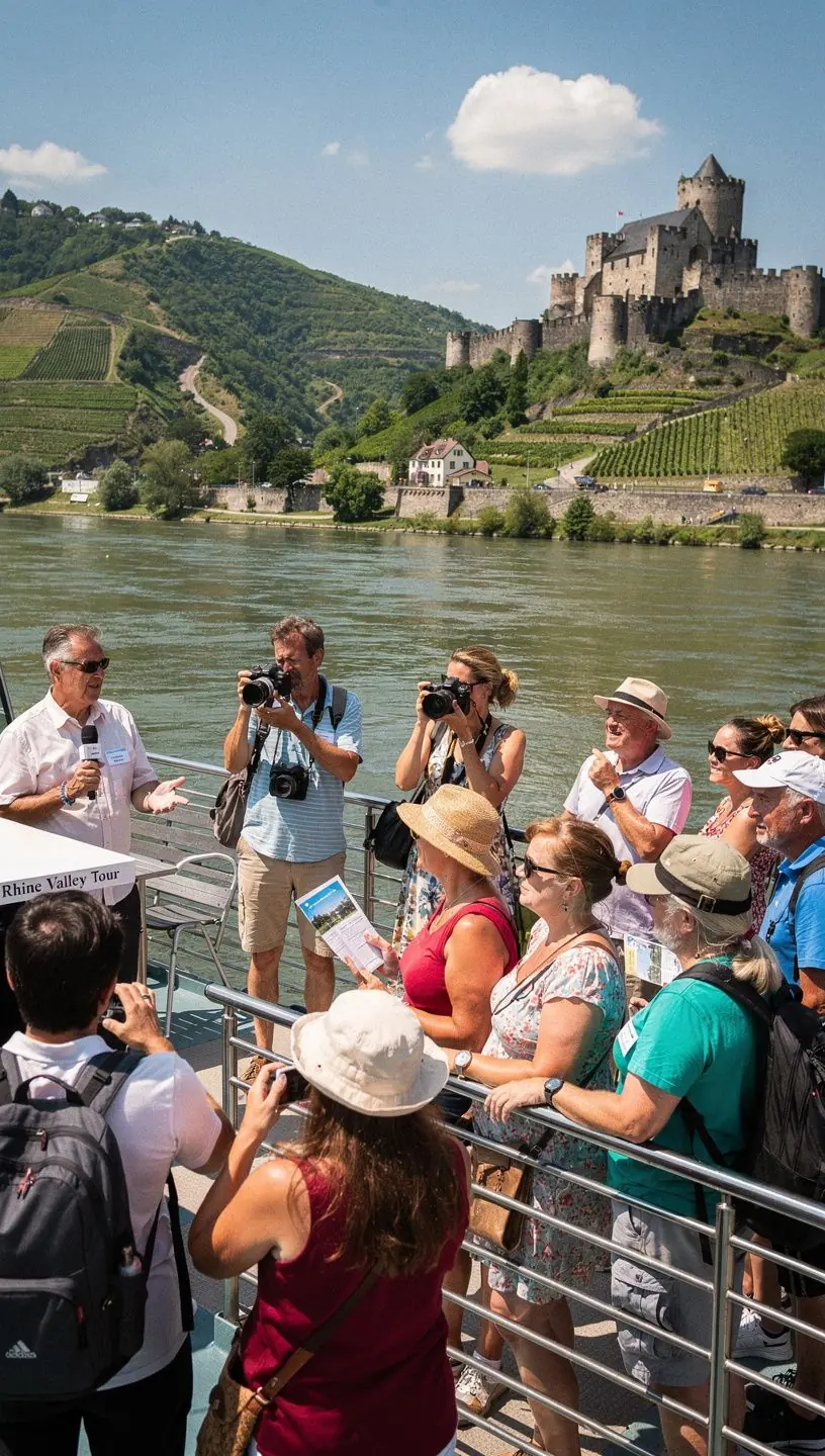 Eine malerische Rheinfahrt mit Blick auf sanfte Hügel und Weinberge.