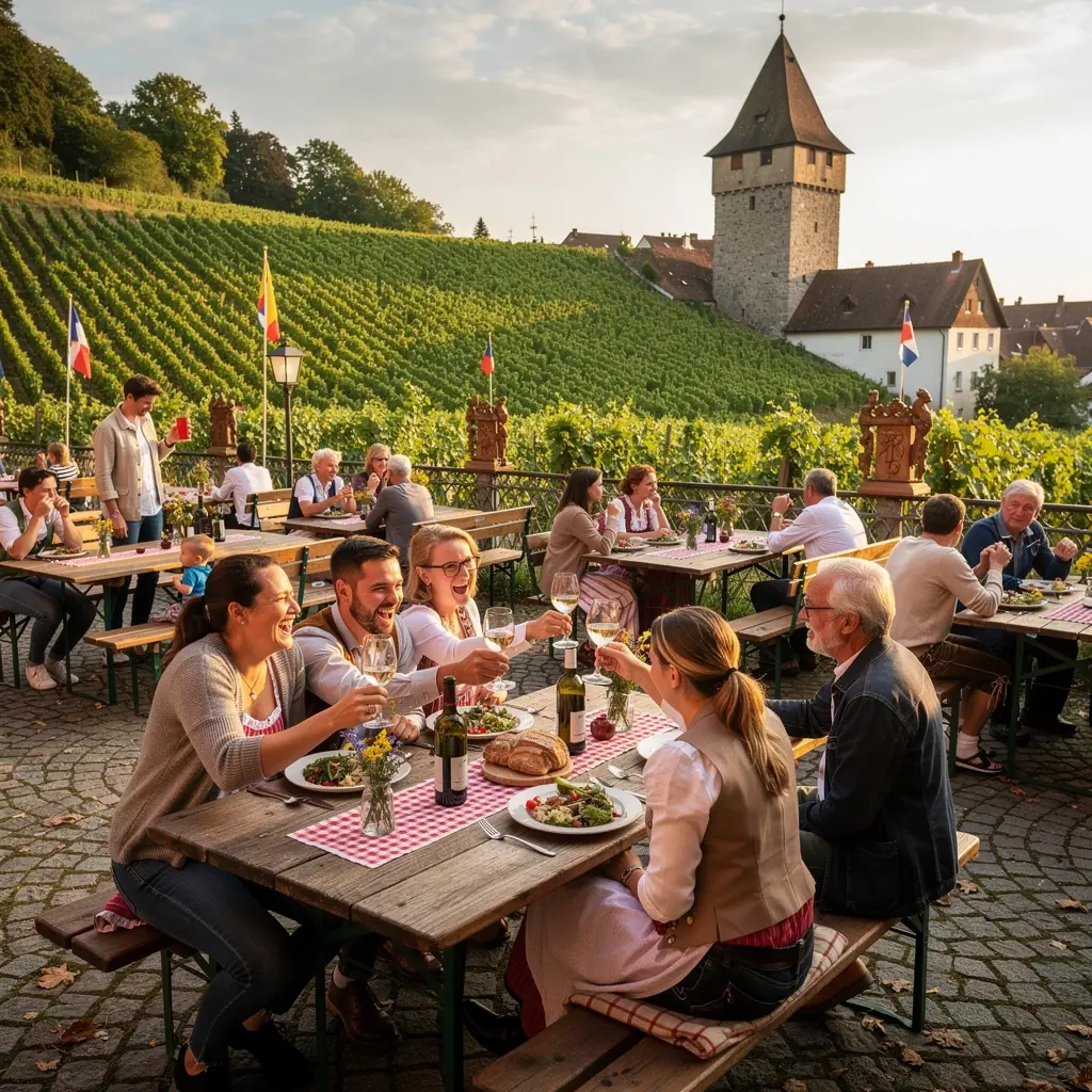 Genussvolle Weinverkostung in einem idyllischen Weingut am Rheinufer.