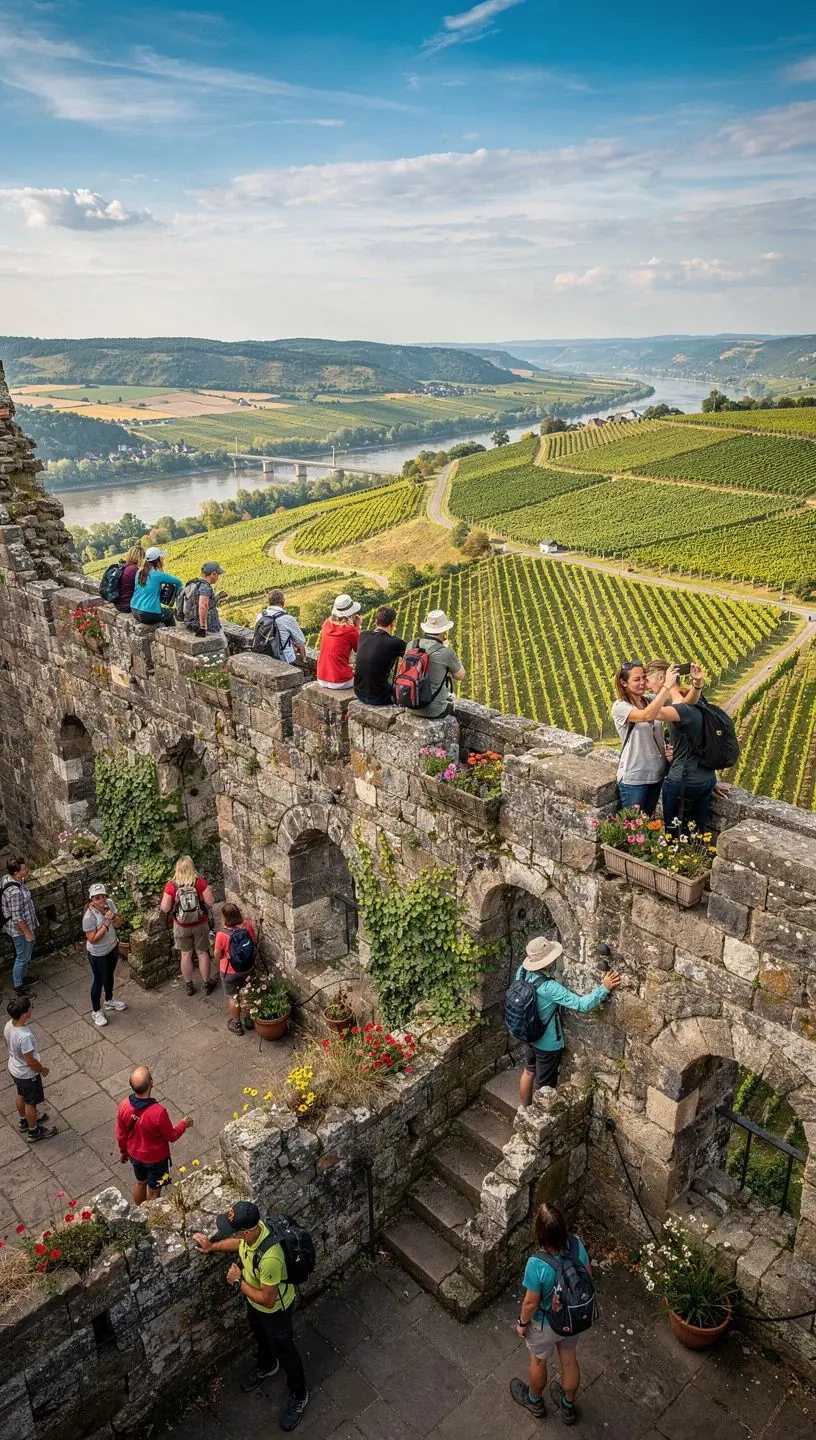 Romantisches Abendlicht über dem Rhein mit der silhouette einer Burg im Hintergrund.